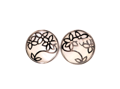 APPRAISED $100- Sterling Silver Disc Earrings with Mother of Pearl Bezel Set with a Floral Design