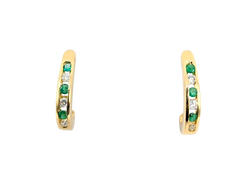 APPRAISED $700- 14KT Yellow Gold "J" Hoop Earrings with Round Emeralds & Round Brilliant Diamonds