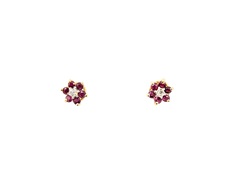 APPRAISED $300- 14KT Yellow Gold Flower Design Studs with Round Rubies & Single Cut Diamonds