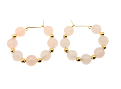 APPRAISED $115- 14KT Yellow Gold Hoops with Round Rose Quartz Beads Alternating with Yellow Gold Beads