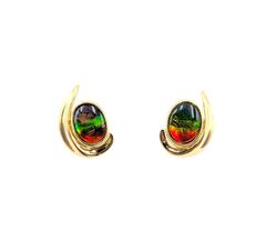 APPRAISED $750- 14KT Yellow Gold Curve Earrings with Bezel Set Oval Ammolite Doublets