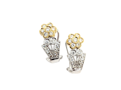 APPRAISED $2700- 14KT Two-Toned Flower Design J-Hoop Earrings with Round Brilliant Diamonds