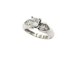 APPRAISED $2900- 14KT White Gold Engagement Ring with a Princess Cut Center Diamond along with Trillion & Baguette Diamonds