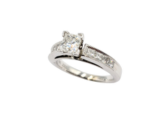 APPRAISED $4300- 14KT White Gold Engagement Ring with Princess Cut Center Diamond with Princess Cut Diamonds Set in a Milgrain Channel