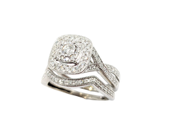 APPRAISED $1000- 10KT White Gold Bridal Set with a Round Brilliant Center Diamond surrounded by Round Brilliant Diamonds in a Double Halo Design