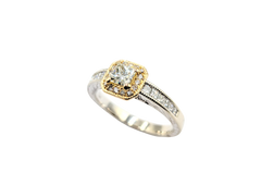 APPRAISED $2700- 14KT Two-Tone Engagement Ring with a Princess Cut Diamond Center Surrounded by Round Brilliant Diamonds Set in a Halo and Channel Setting
