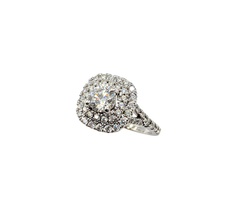 APPRAISED $5000- 14KT White Gold Engagement Ring with a Round Brilliant Diamond surrounded by Round Brilliant Diamonds in a Double Halo
