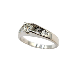 APPRAISED $3800- 14KT White Gold Carved Milgrain Engagement Ring with a Princess Cut Diamond surrounded by Round Brilliant Diamonds