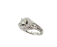 APPRAISED $6000- 14KT White Gold Filigree & Milgrain Design Engagement Ring with a Round Brilliant Diamond surrounded by Round Brilliant Diamonds