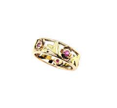 14KT Yellow Gold Open Flower/Leaf Design Band with Round Synthetic Rubies