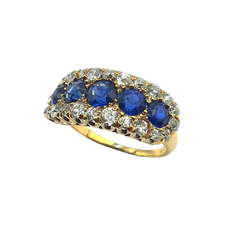 APPRAISED $4100- 18KT Yellow Gold Ring with Round Sapphires surrounded by Old European Cut Diamonds