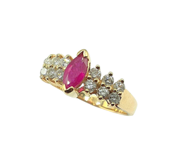 APPRAISED $1700- 14KT Yellow Gold Pyramid Designed Ring with 1 Center Marquise Ruby (7x3.5) with 12 Round Brilliant Diamonds -T-.36ct