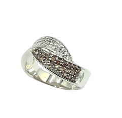 APPRAISED $1800- 14KT White Gold Bypass Ring with 28 Round Brilliant White Diamonds -T-.28CT and 22 Round Brilliant Champagne Diamonds -T-.33CT