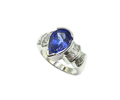 APPRAISED $4500- 14KT White Gold Ring with 1 Pear Shape Tanzanite and 18 Baguette Diamonds -T-.46CT