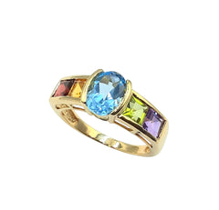 APPRAISED $550- 10KT Yellow Gold Ring with 1 Half-Bezel Set Blue Topaz and 4 Channel Set Multi-Gems