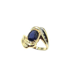 APPRAISED $325- 10KT Yellow Gold Bypass Swirl Design Ring with 1 Oval Iolite and Diamonds