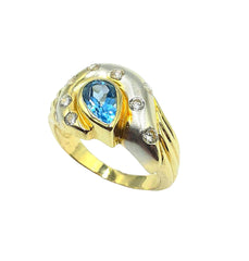 APPRAISED $1100- 14KT Two-Toned Ring with 1 Bezel Set Blue Topaz and 10 Bezel Set White Topaz