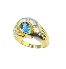 APPRAISED $1100- 14KT Two-Toned Ring with 1 Bezel Set Blue Topaz and 10 Bezel Set White Topaz