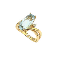 APPRAISED $2100- 14KT Yellow Gold Aquamarine and Diamonds Bypass Ring