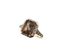 APPRAISED $1300- 14KT Rose Gold Emerald Cut Smoky Quartz with Champagne Diamonds Ring