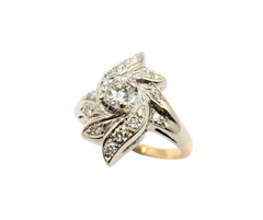 APPRAISED $1800- 14KT White Gold Leaf Design Bypass Ring with a Round Brilliant Diamond & Single Cut Prong Set Diamonds