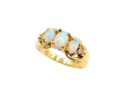 APPRAISED $850- 14KT Yellow Gold Ring with Synthetic Oval Opals and Round Brilliant Diamonds