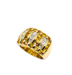 APPRAISED $4200- 14KT Yellow Gold Ring with Rows of Round & Square Cut Yellow Sapphires and 3 Rows of Princess Cut Diamonds