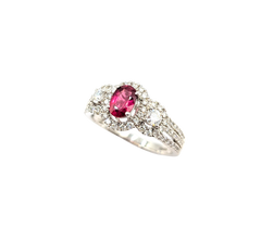 APPRAISED $5480- 18KT White Gold Ring with a Oval Ruby Center Stone surrounded by a Diamond Halo & along the sides