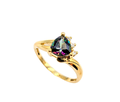 APPRAISED $600- 10KT Yellow Gold Ring with a Trillion Cut Mystic Topaz and 3 Round Cubic Zirconia