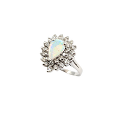 APPRAISED $2200- 14KT White Gold Ring with a Pear Shape Opal surrounded by Round Brilliant Diamonds in a Double Halo Design