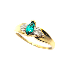APPRAISED $300- 10KT Yellow Gold Ring with 1 Marquise Cut Synthetic Emerald & 2 Single Cut Diamonds