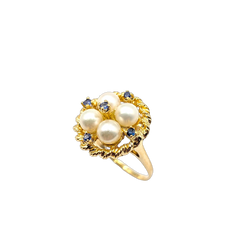 APPRAISED $900- 14KT Yellow Gold Ring with Sapphires and Cultured Pearls set in a Round Cluster Setting