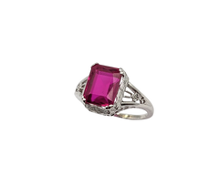 APPRAISED $550- 14KT White Gold Filigree Ring with a Rectangle Synthetic Ruby