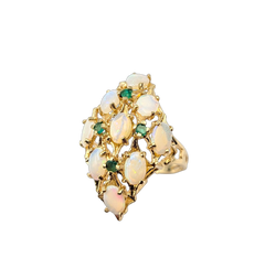 APPRAISED $1300- 14KT Yellow Gold Openwork Ring with Oval Opals & Round Green Onyx