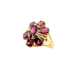 APPRAISED $1100- 10KT Yellow Gold Dome Ring with Oval Garnets Set in a Flower Design