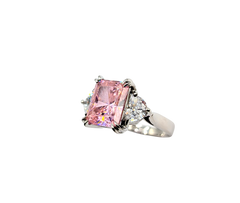 APPRAISED $650- 10KT White Gold Ring with a Radiant Cut Pink Cubic Zirconia & Round White Cubic Zirconia's