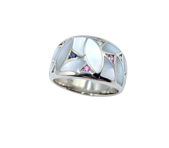 APPRAISED $2700- 14KT White Gold Band with Mother of Pearl Inlay, Round Brilliant Diamonds, and Round Pink & Blue Sapphires