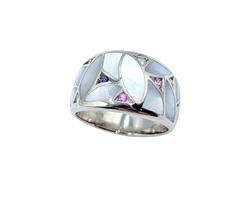 APPRAISED $2700- 14KT White Gold Band with Mother of Pearl Inlay, Round Brilliant Diamonds, and Round Pink & Blue Sapphires