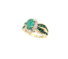 APPRAISED $800- 10KT Yellow Gold Ring with an Oval Emerald surrounded by Single Cut Diamonds & Channel Set Emeralds