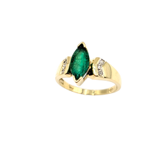 APPRAISED $850- 14KT Yellow Gold Ring with a Marquise Emerald surrounded by Single Cut Diamonds