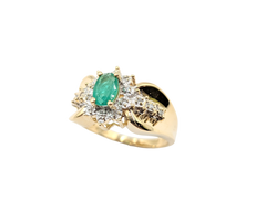 APPRAISED $1200- 14KT Yellow Gold Ring with Tapered Concave Sides and an Oval Emerald surrounded by Single Cut Diamonds