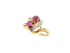 APPRAISED $550- 10KT Yellow Gold Swirl Ring with Single Cut Diamonds & Pear Shaped Rubies
