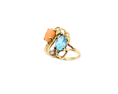 APPRAISED $650- 14KT Yellow Gold Ring with a Round Brilliant Diamond, Oval Blue Topaz & an Oval Coral