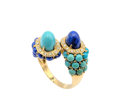 APPRAISED $2200- 14KT Yellow Gold Bypass Ring with Round & Oval Turquoise and Lapis surrounded by Round Brilliant Diamonds