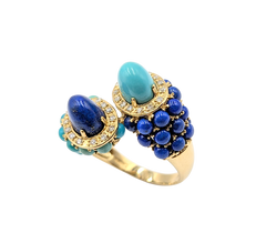 APPRAISED $2200- 14KT Yellow Gold Bypass Ring with Round & Oval Turquoise and Lapis surrounded by Round Brilliant Diamonds