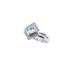 APPRAISED $200- Sterling Silver Ring with a Bezel Set Square Aquamarine surrounded by Single Cut Diamonds