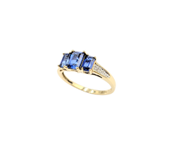 APPRAISED $300- 10KT Yellow Gold Past, Present & Future Style Ring with Emerald Cut Synthetic Sapphires & Single Cut Diamonds