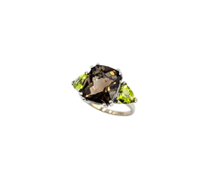 APPRAISED $700- 14KT White Gold Past, Present, and Future Style Ring with a Checkerboard Cushion Cut Smoky Quartz & Two Checkerboard Trillion Cut Peridot