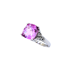 APPRAISED $600- 10KT White Gold Ring with a Checkerboard Cushion Cut Synthetic Pink Sapphire surrounded by Single Cut Diamonds