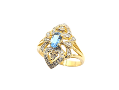 APPRAISED $675- 14KT Yellow Gold Navette Style Ring with an Oval Aquamarine surrounded by Single Cut Diamonds